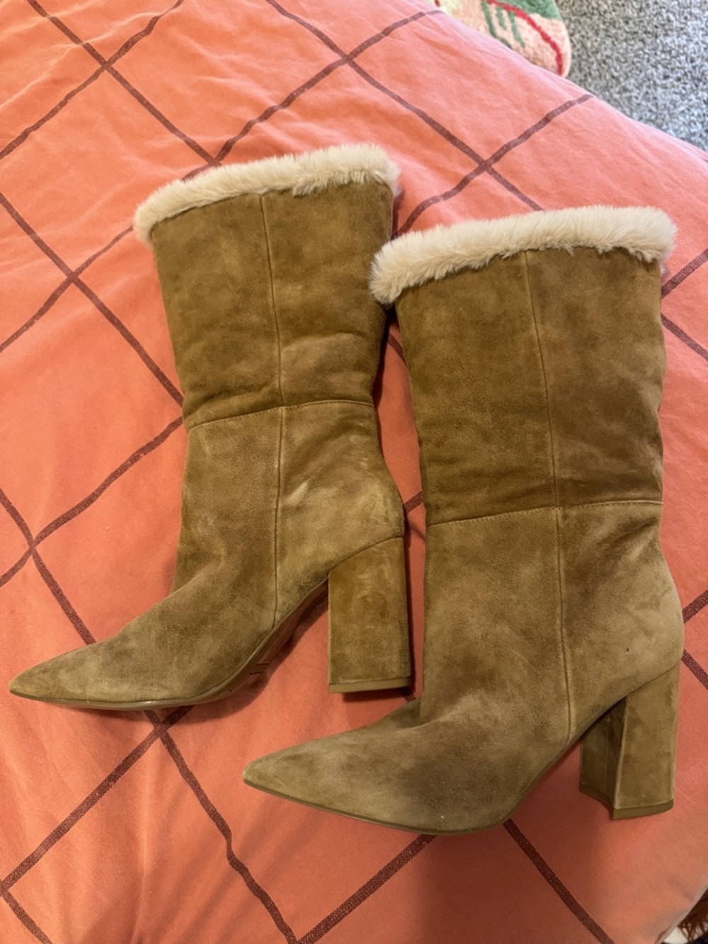 Nine West Tan Suede Mid-Calf Boots with Cream Fur Trim